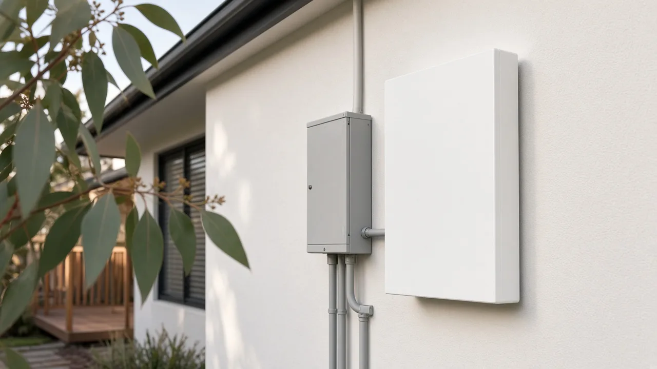 Home battery mounted on the outside wall of a house next to the meter box