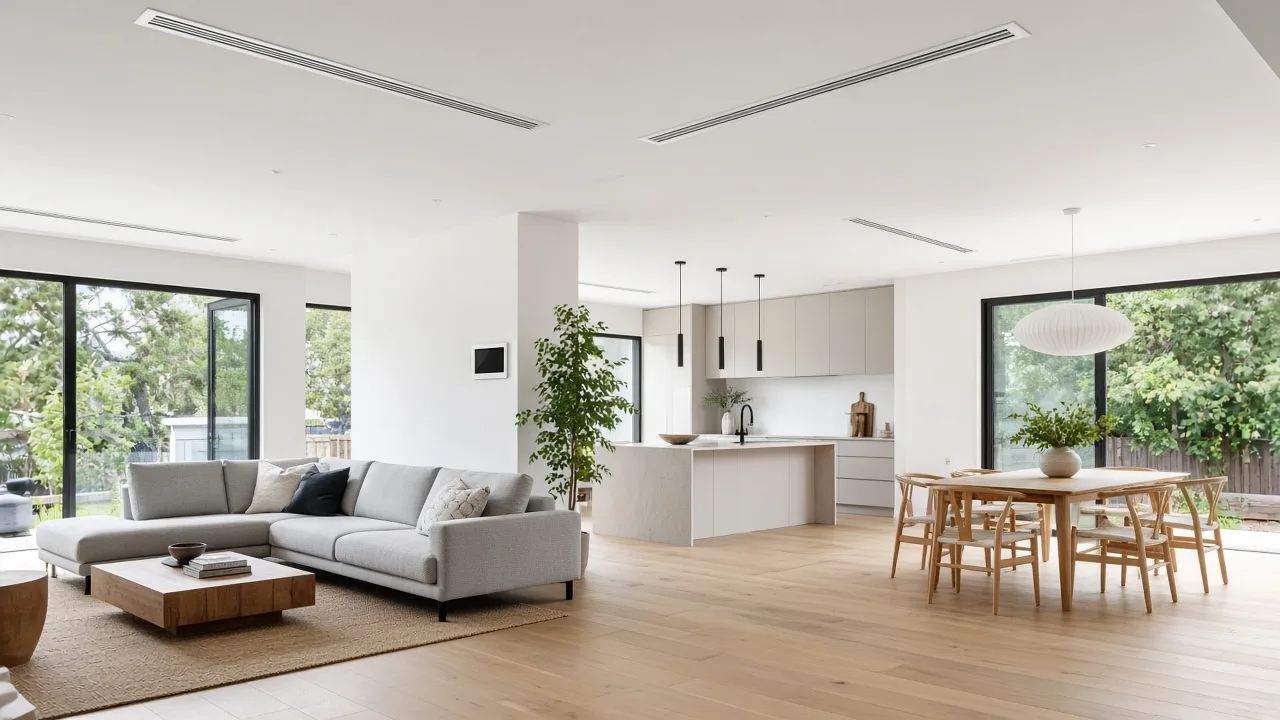 Open-plan home with ducted air conditioning vents in the ceiling